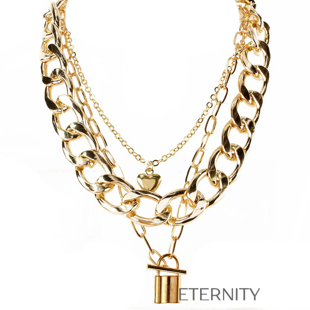 Set de Collares de Cadena Gruesa y Dije de Candado  Cadenas Dorado Unica Acero Inoxidable  ETERNITY