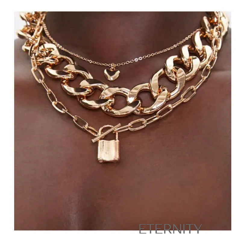 Set de Collares de Cadena Gruesa y Dije de Candado  Cadenas Dorado Unica Acero Inoxidable  ETERNITY