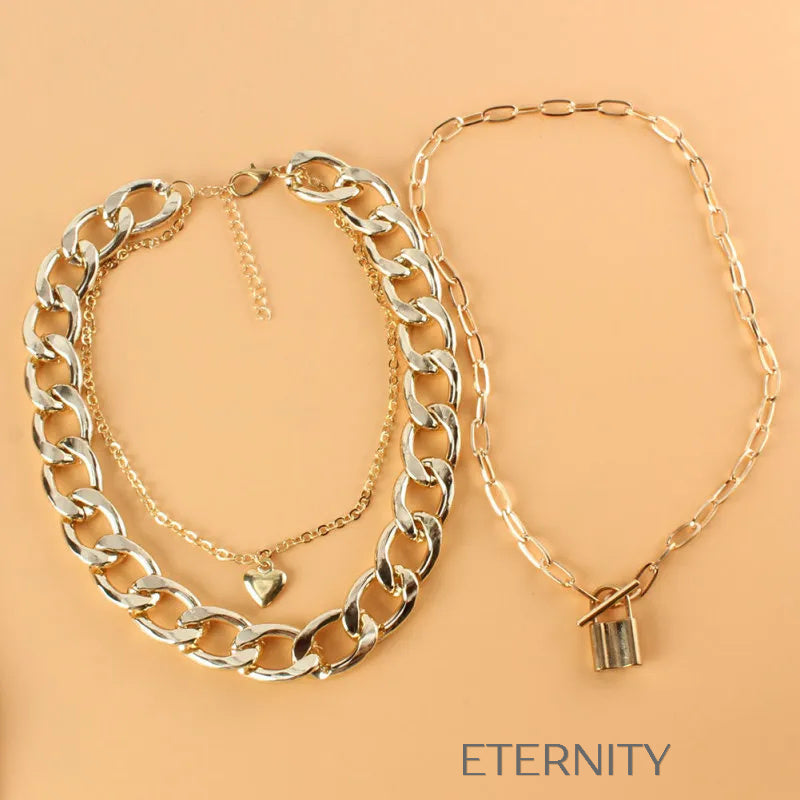 Set de Collares de Cadena Gruesa y Dije de Candado  Cadenas Dorado Unica Acero Inoxidable  ETERNITY