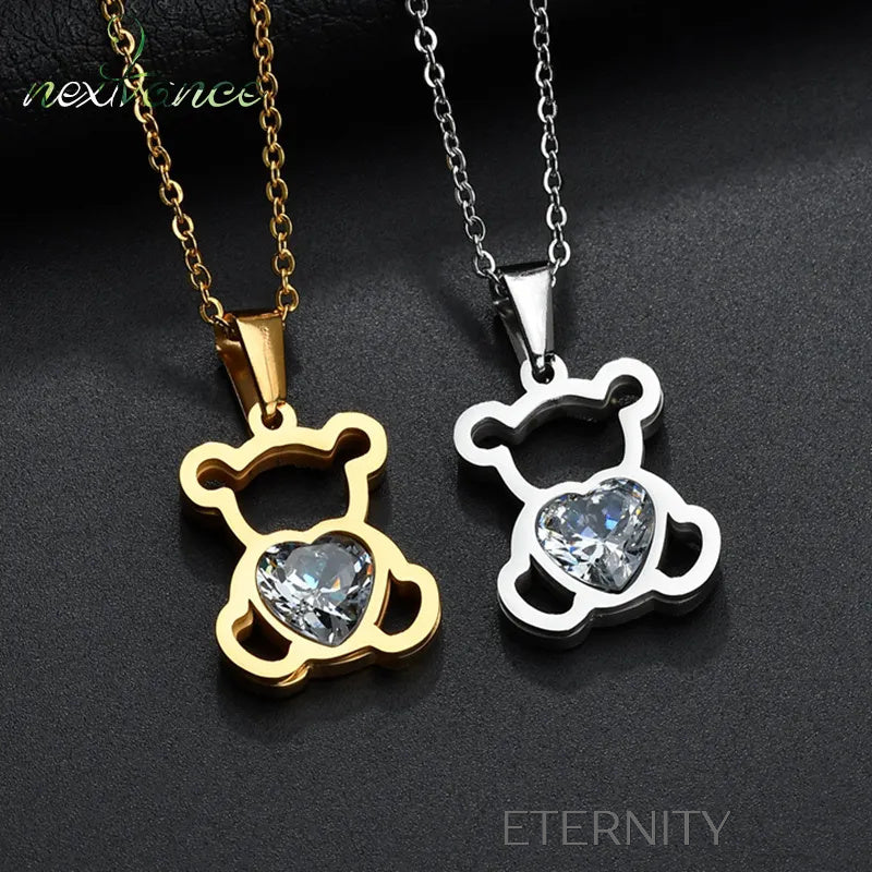 Collar de Oso con Cristal Corazón en Oro y Plata  Cadenas Dorado Unica Acero Inoxidable  ETERNITY