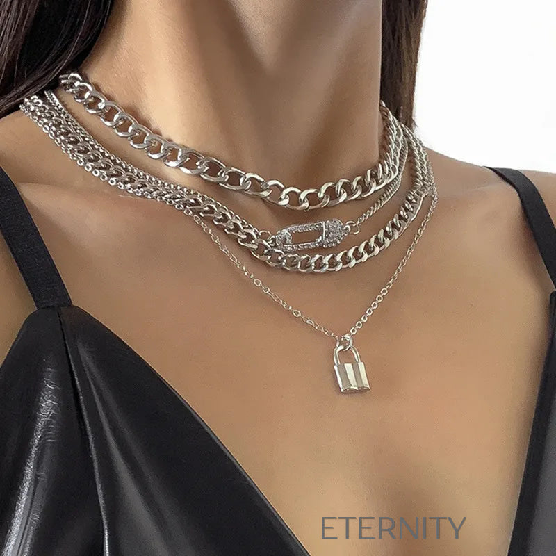 Set de Collares Lock & Key Multicapa en Oro  Cadenas Dorado Unica Acero Inoxidable  ETERNITY