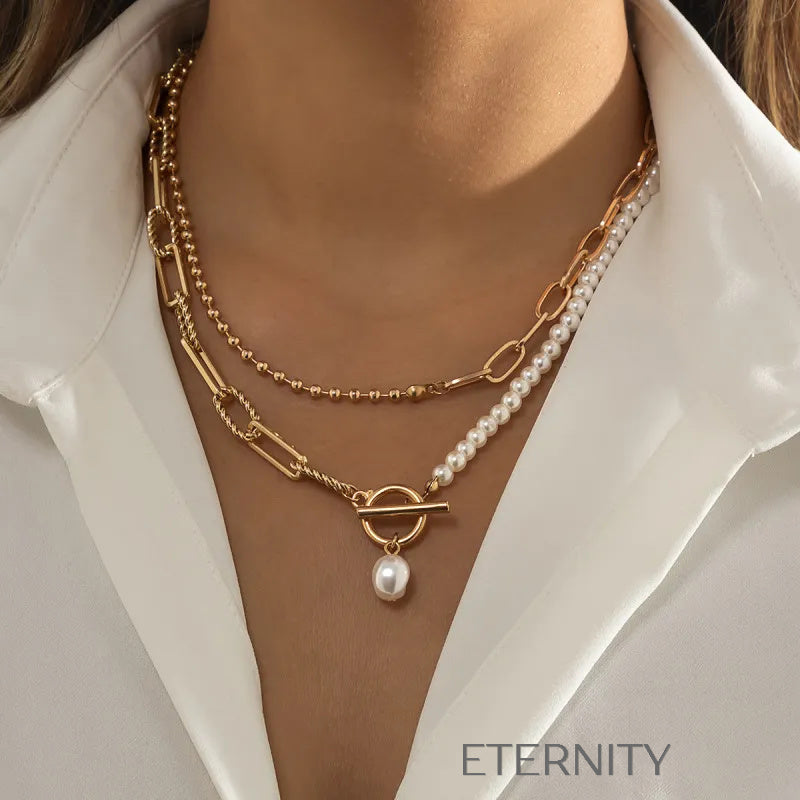 Collar Asimétrico Perlas y Eslabones  Cadenas Dorado Unica Acero Inoxidable  ETERNITY