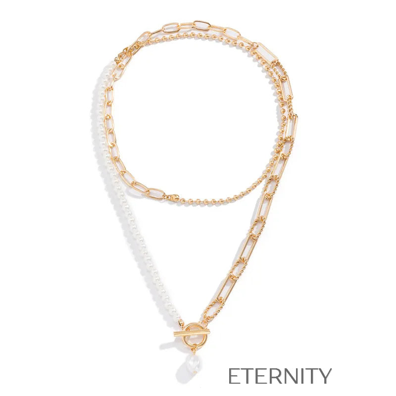 Collar Asimétrico Perlas y Eslabones  Cadenas Dorado Unica Acero Inoxidable  ETERNITY