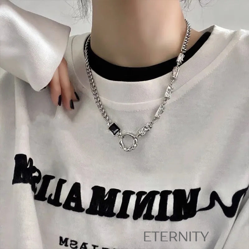 Collar de Cadena Mixta Liquid Link con Piedra Negra y Eslabón Orgánico  Cadenas Plateado Black Acero Inoxidable  ETERNITY