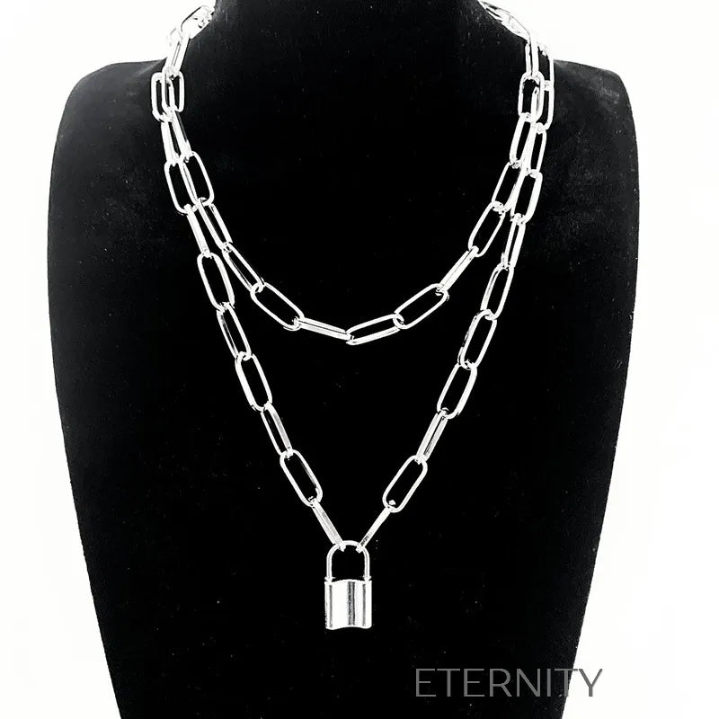 Collar Doble de Eslabones Rectangulares con Dije de Candado  Cadenas Dorado Unica Acero Inoxidable  ETERNITY