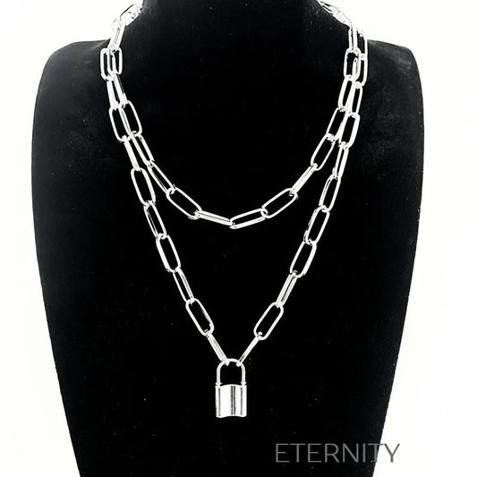 Collar Doble de Eslabones Rectangulares con Dije de Candado  Cadenas Dorado Unica Acero Inoxidable  ETERNITY