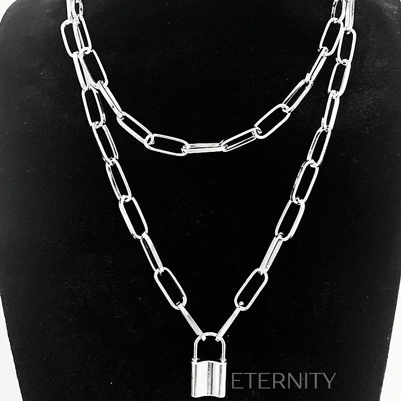 Collar Doble de Eslabones Rectangulares con Dije de Candado  Cadenas Dorado Unica Acero Inoxidable  ETERNITY