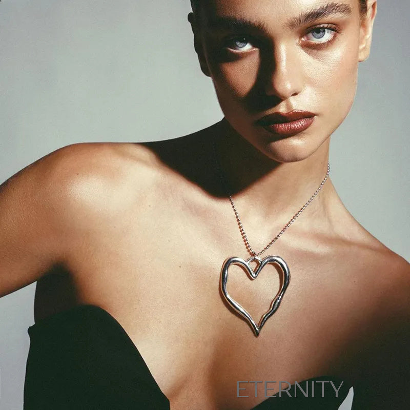 Collar de Corazón Grande Liquid Metal en Plata  Cadenas Plateado Unica Acero Inoxidable  ETERNITY