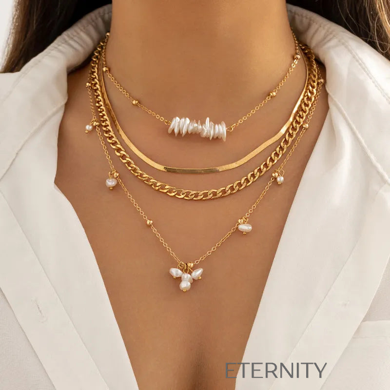 Maxi Collar Multicapa Perlas y Eslabones  Cadenas Dorado Unica Acero Inoxidable  ETERNITY
