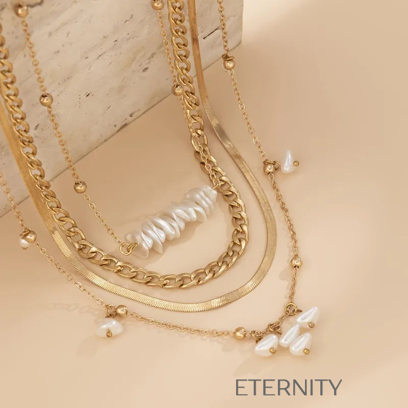 Maxi Collar Multicapa Perlas y Eslabones  Cadenas Dorado Unica Acero Inoxidable  ETERNITY