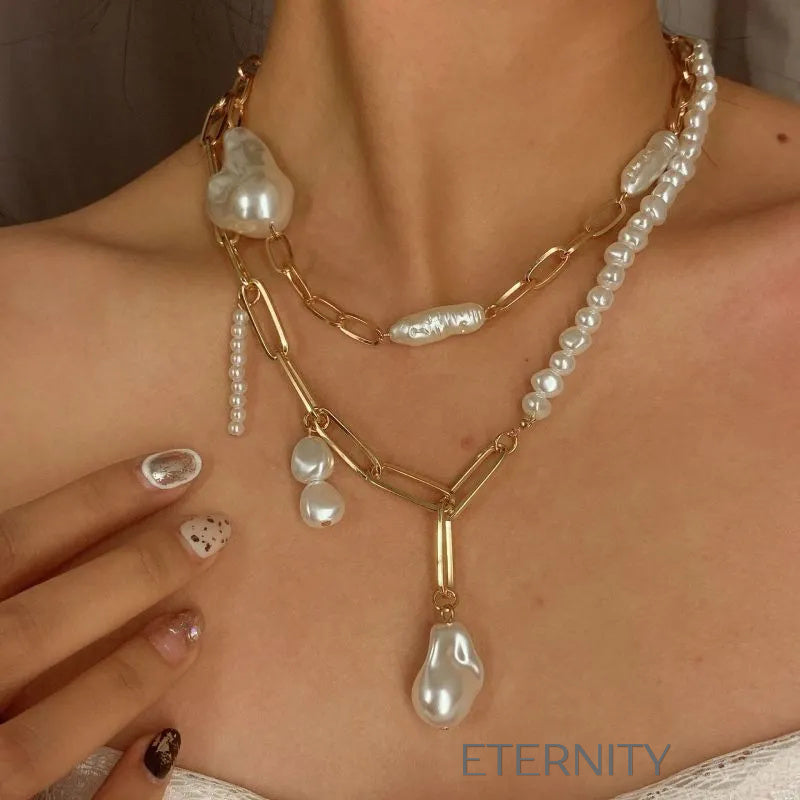 Collar Asimétrico Baroque Fusion Perlas y Eslabones  Cadenas Dorado Unica Acero Inoxidable  ETERNITY