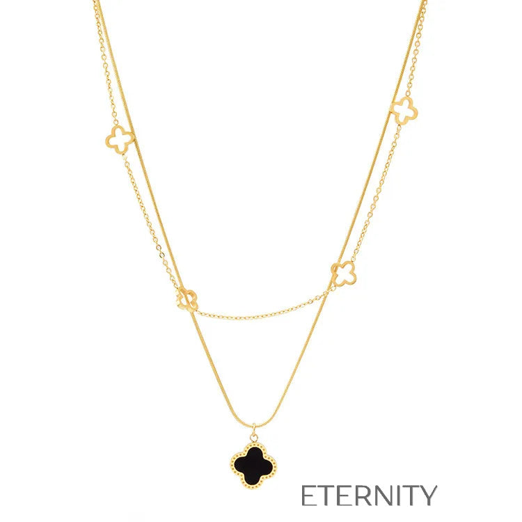 Collar Doble Eternal Lucky Clover en Oro con Esmalte Negro  Cadenas Dorado Unica Acero Inoxidable  ETERNITY