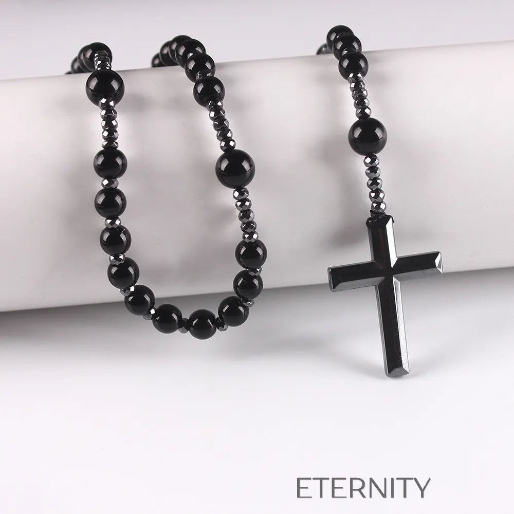 Collar Tipo Rosario Black Hematite con Cuentas Mate y Cruz Pulida  Cadenas Negro Unica Acero Inoxidable  ETERNITY