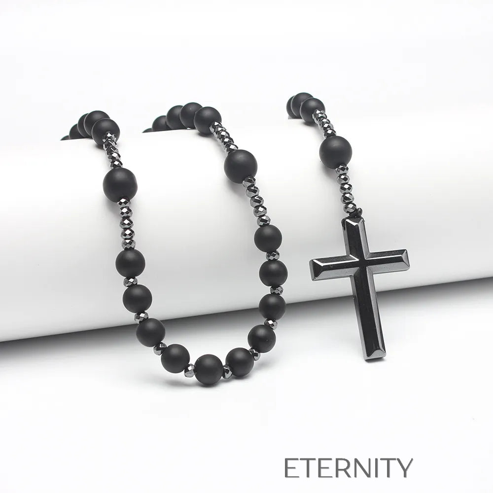 Collar Tipo Rosario Black Hematite con Cuentas Mate y Cruz Pulida  Cadenas Negro Unica Acero Inoxidable  ETERNITY