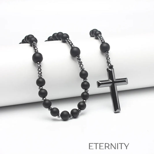 Collar Tipo Rosario Black Hematite con Cuentas Mate y Cruz Pulida  Cadenas Negro Unica Acero Inoxidable  ETERNITY