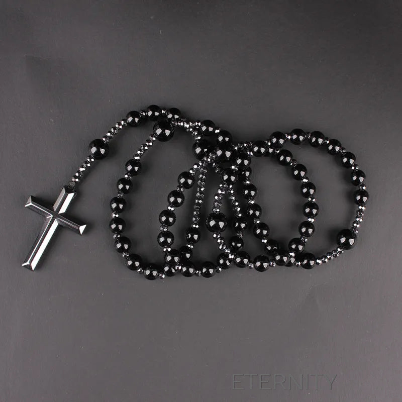 Collar Tipo Rosario Black Hematite con Cuentas Mate y Cruz Pulida  Cadenas Negro Unica Acero Inoxidable  ETERNITY
