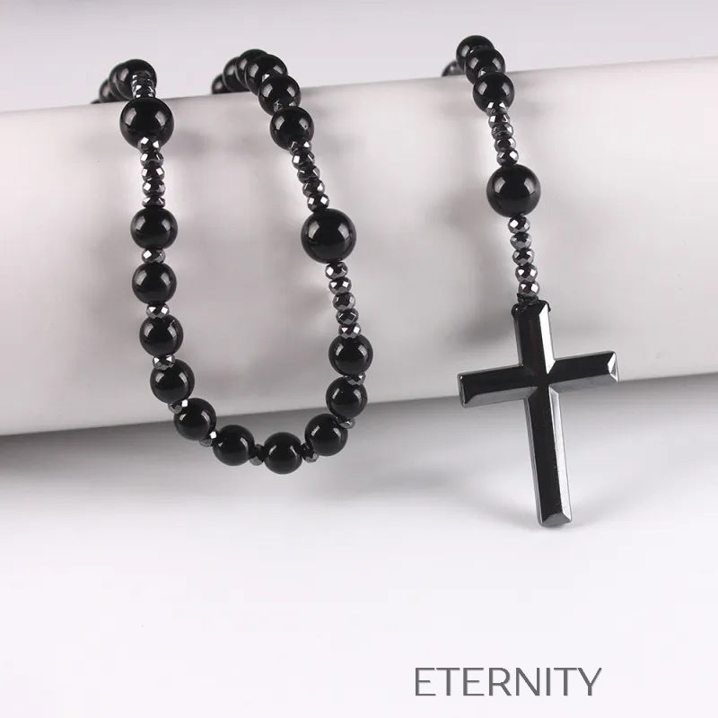 Collar Tipo Rosario Black Hematite con Cuentas Mate y Cruz Pulida  Cadenas Negro Unica Acero Inoxidable  ETERNITY