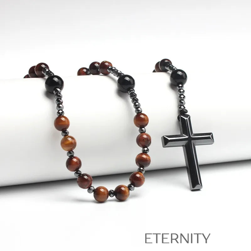 Collar Tipo Rosario Black Hematite con Cuentas Mate y Cruz Pulida  Cadenas Negro Unica Acero Inoxidable  ETERNITY
