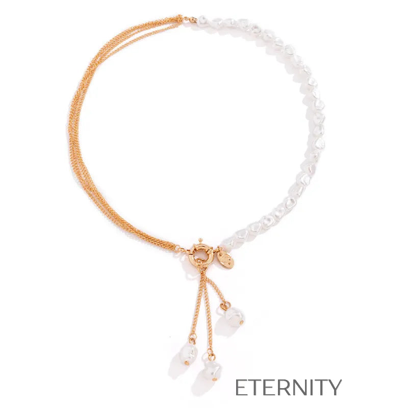 Collar Asymmetric Pearl & Gold Estilo Lariat con Perlas Barrocas  Cadenas Dorado Unica Acero Inoxidable  ETERNITY