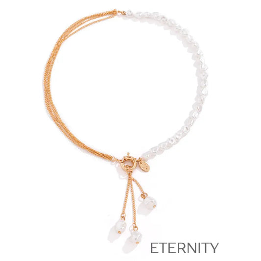 Collar Asymmetric Pearl & Gold Estilo Lariat con Perlas Barrocas  Cadenas Dorado Unica Acero Inoxidable  ETERNITY