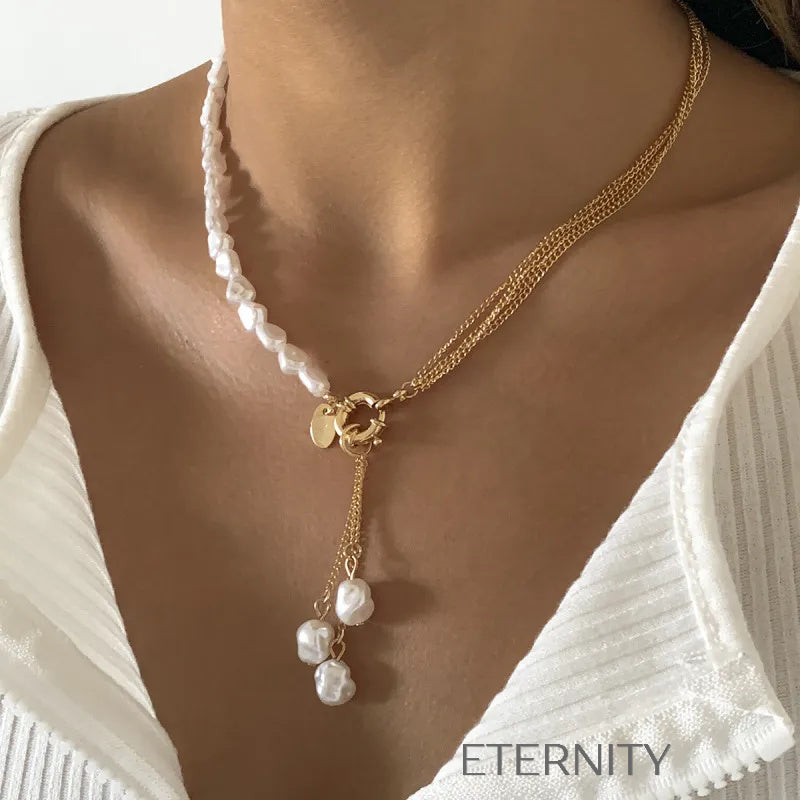Collar Asymmetric Pearl & Gold Estilo Lariat con Perlas Barrocas  Cadenas Dorado Unica Acero Inoxidable  ETERNITY