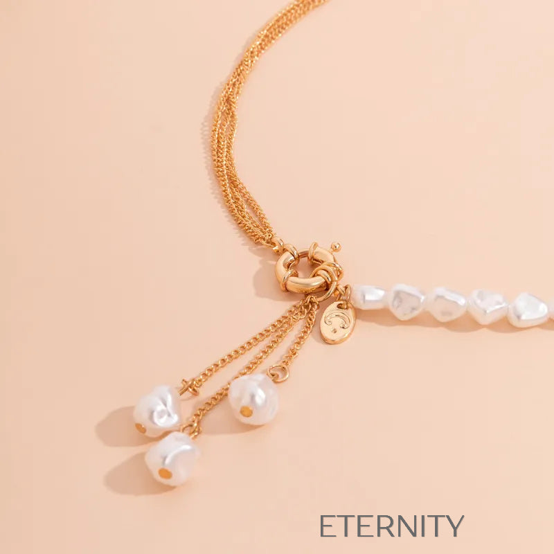 Collar Asymmetric Pearl & Gold Estilo Lariat con Perlas Barrocas  Cadenas Dorado Unica Acero Inoxidable  ETERNITY