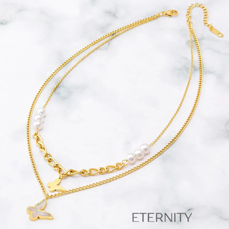 Collar Doble Nymph Pearl con Mariposas y Perlas  Cadenas Dorado Unica Acero Inoxidable  ETERNITY