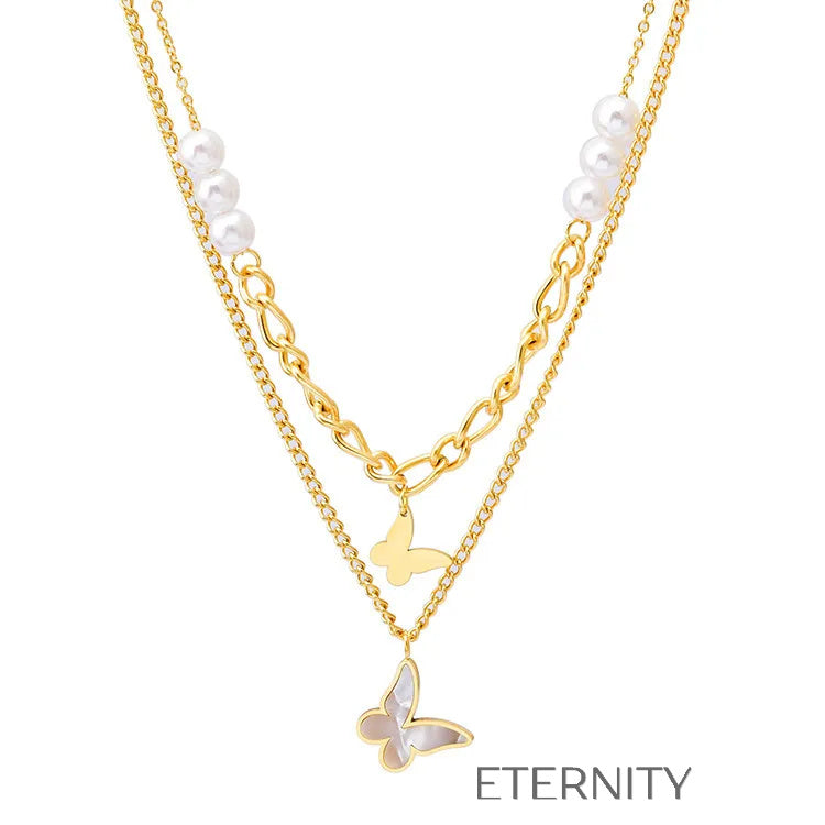 Collar Doble Nymph Pearl con Mariposas y Perlas  Cadenas Dorado Unica Acero Inoxidable  ETERNITY