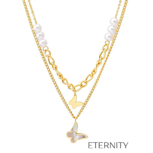 Collar Doble Nymph Pearl con Mariposas y Perlas  Cadenas Dorado Unica Acero Inoxidable  ETERNITY