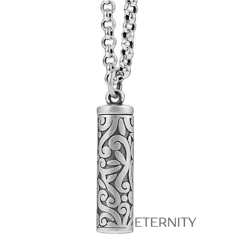 Collar Secret Scroll con Dije Cilíndrico Tallado en Plata Envejecida  Cadenas Plateado Unica Acero Inoxidable  ETERNITY