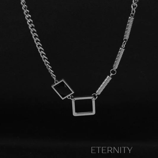 Collar Geometric Noir de Eslabones y Cristal Negro  Cadenas Plateado 40cm Acero Inoxidable  ETERNITY