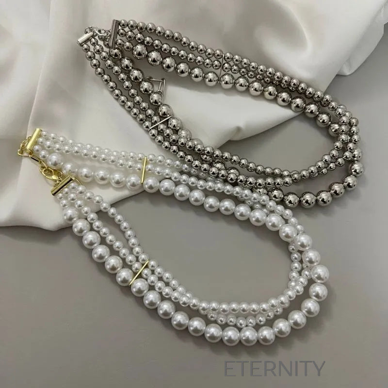 Collar plateado de múltiples hileras con esferas metálicas elegantes Cadenas Perla Unica Acero Inoxidable  ETERNITY