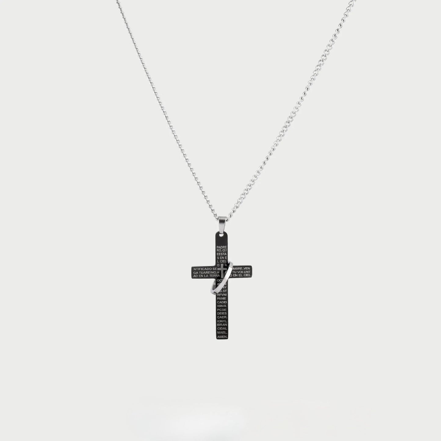 Collar Sacred Inscription con Dije de Cruz Grabada y Anillo Entrelazado  Cadenas Negro Unica Acero Inoxidable  ETERNITY
