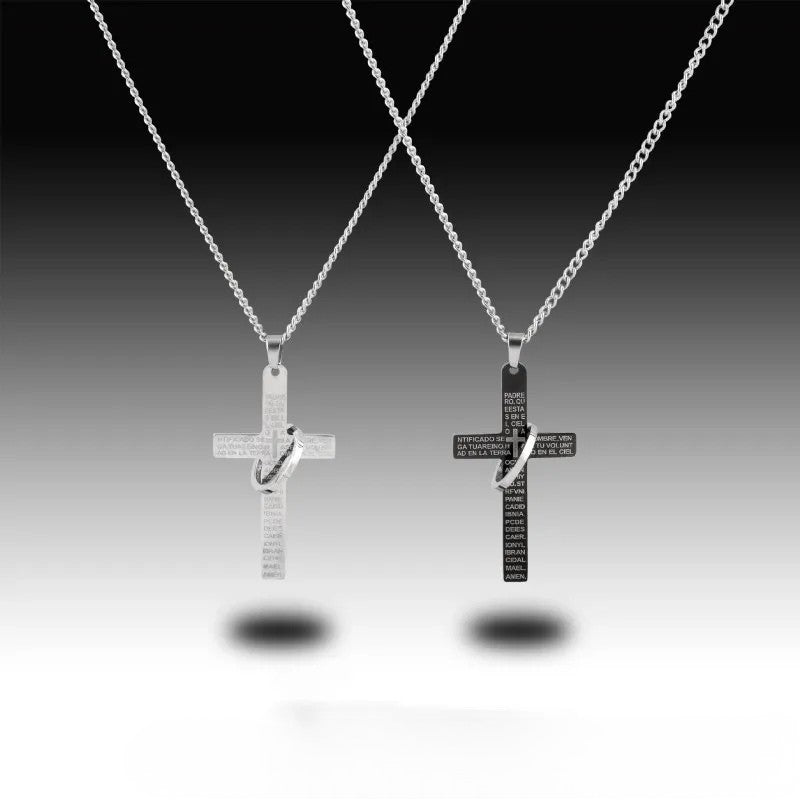 Collar Sacred Inscription con Dije de Cruz Grabada y Anillo Entrelazado  Cadenas Negro Unica Acero Inoxidable  ETERNITY