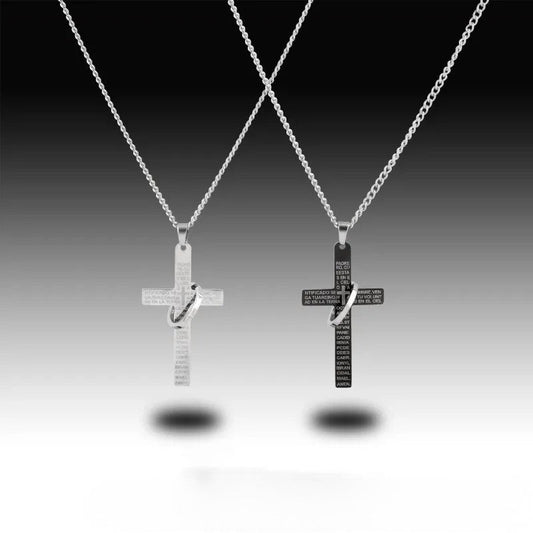 Collar Sacred Inscription con Dije de Cruz Grabada y Anillo Entrelazado  Cadenas Negro Unica Acero Inoxidable  ETERNITY
