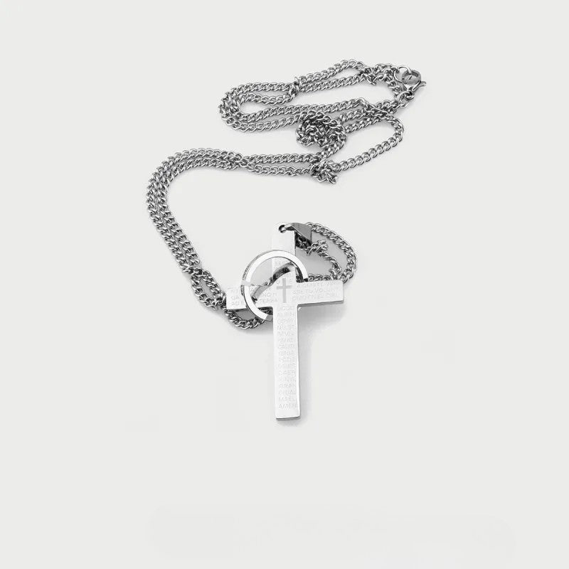 Collar Sacred Inscription con Dije de Cruz Grabada y Anillo Entrelazado  Cadenas Negro Unica Acero Inoxidable  ETERNITY