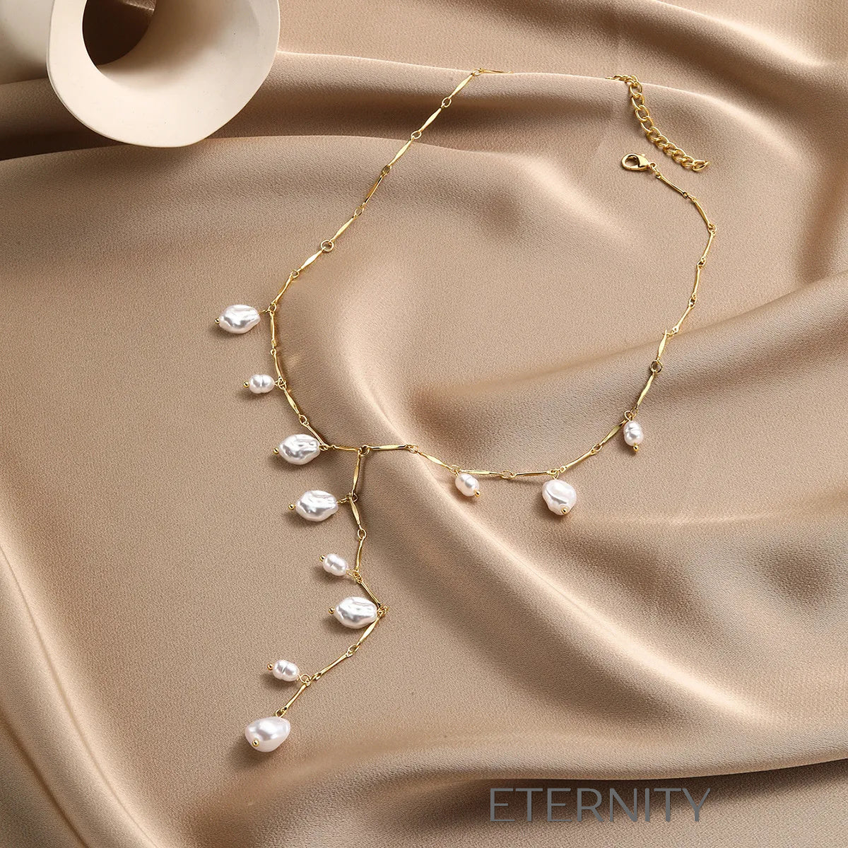 Collar Nacre Lariat de Perlas Barrocas  Cadenas Dorado Unica Acero Inoxidable  ETERNITY