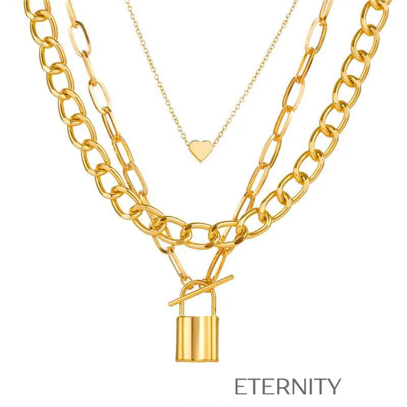 Set de Collares Intertwined Love en Oro y Plata con Dijes de Corazón y Candado  Cadenas Dorado Unica Acero Inoxidable  ETERNITY