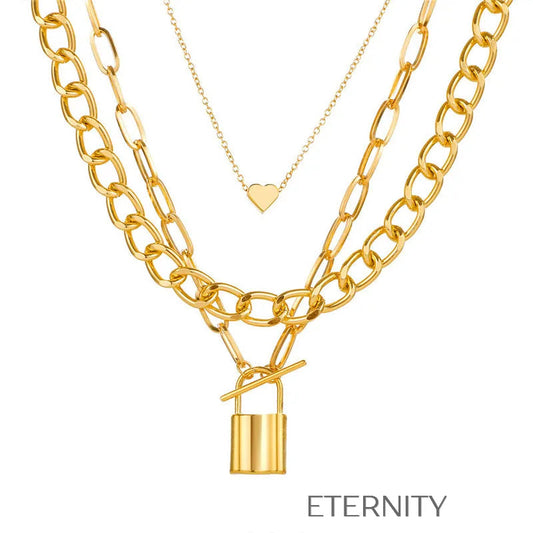 Set de Collares Intertwined Love en Oro y Plata con Dijes de Corazón y Candado  Cadenas Dorado Unica Acero Inoxidable  ETERNITY