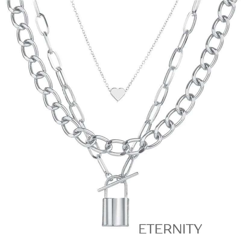 Set de Collares Intertwined Love en Oro y Plata con Dijes de Corazón y Candado  Cadenas Dorado Unica Acero Inoxidable  ETERNITY