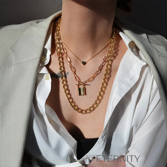 Set de Collares Intertwined Love en Oro y Plata con Dijes de Corazón y Candado  Cadenas Dorado Unica Acero Inoxidable  ETERNITY