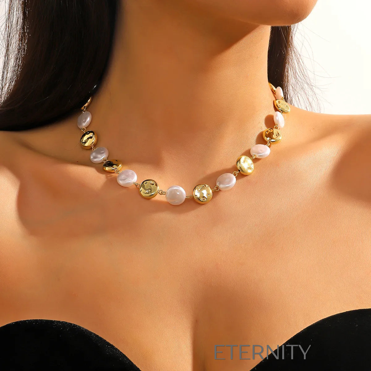 Collar Pearl & Shell Harmony de Eslabones Mixtos con Dijes Orgánicos  Cadenas Dorado Unica Acero Inoxidable  ETERNITY