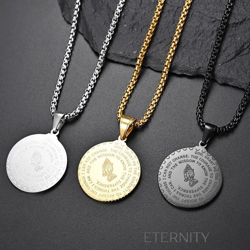 Collar Medalla Serenity Prayer en Acero  Cadenas Negro 60cm Acero Inoxidable  ETERNITY