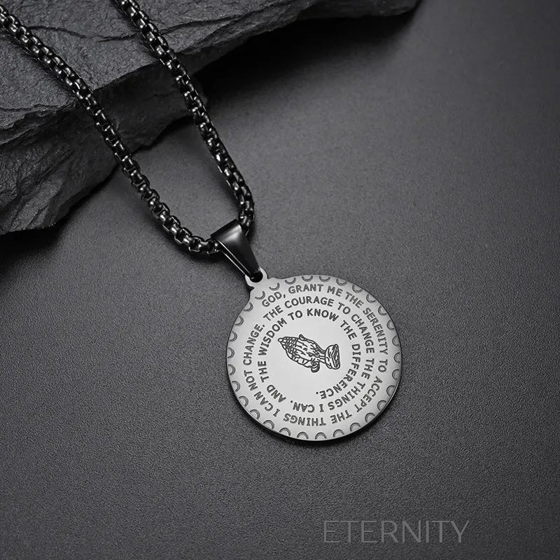 Collar Medalla Serenity Prayer en Acero  Cadenas Negro 60cm Acero Inoxidable  ETERNITY