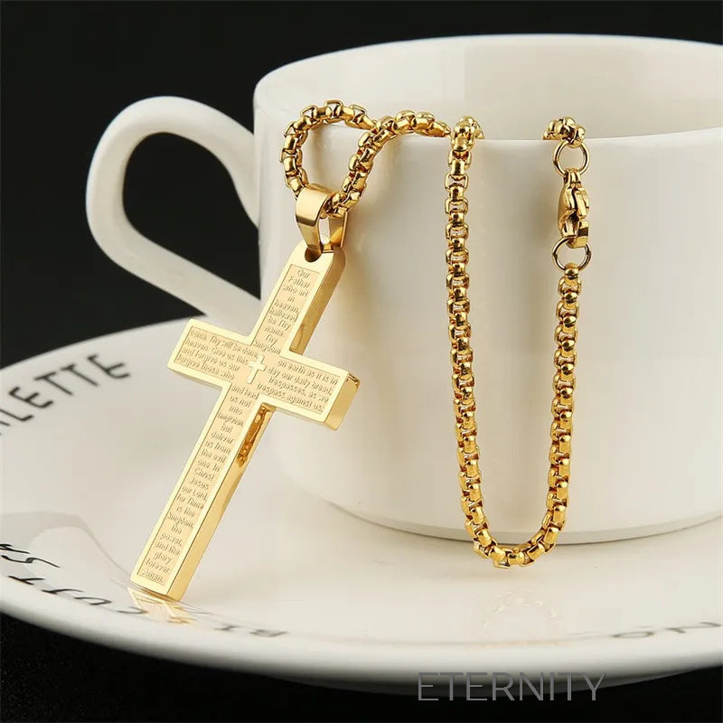 Collar Scripture Cross  Cadenas Negro 60cm Acero Inoxidable  ETERNITY
