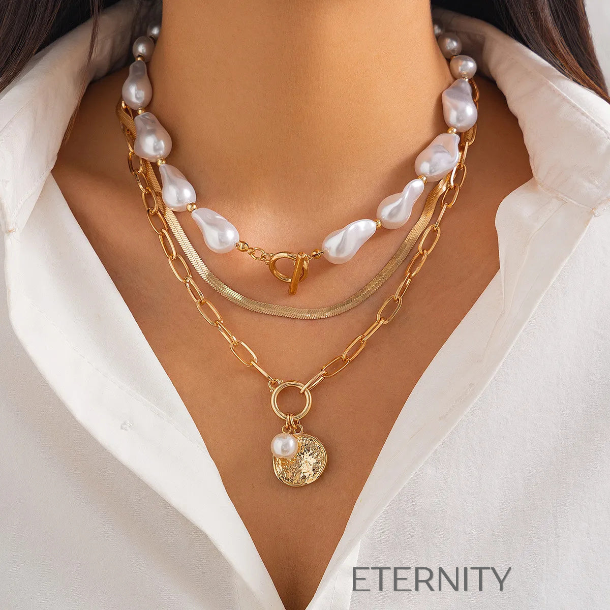 Collar Perlas Barrocas  Cadenas Dorado Unica Acero Inoxidable  ETERNITY