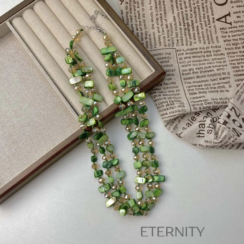 Collar Nácar Prism de Tres Hilos con Cristales  Cadenas Verde Unica Acero Inoxidable  ETERNITY