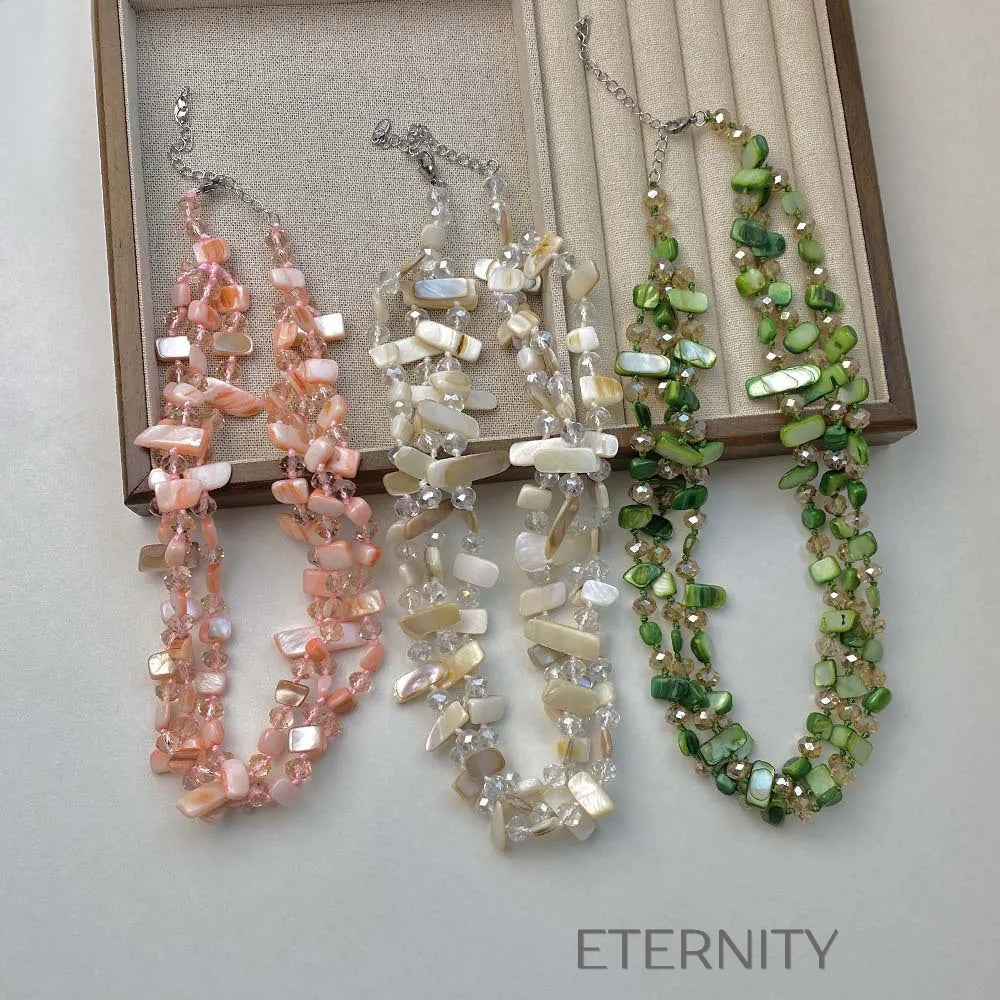 Collar Nácar Prism de Tres Hilos con Cristales  Cadenas Verde Unica Acero Inoxidable  ETERNITY