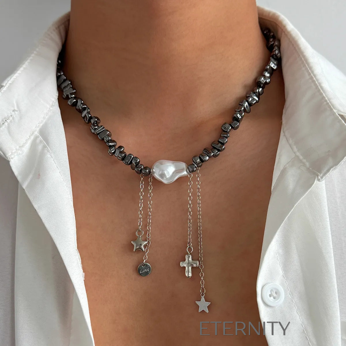 Collar Hematite Soul Perla y Dijes  Cadenas Plateado Unica Acero Inoxidable  ETERNITY