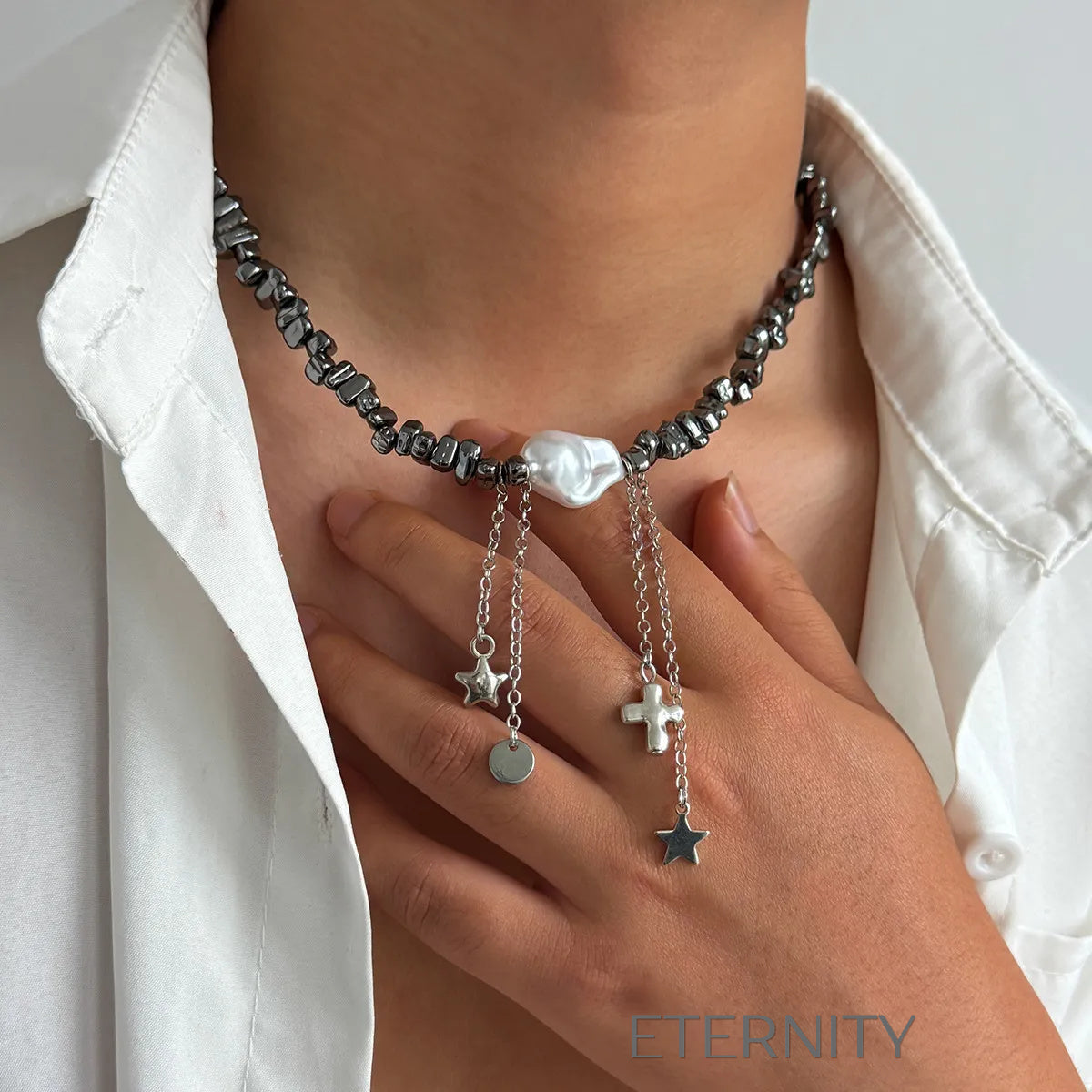 Collar Hematite Soul Perla y Dijes  Cadenas Plateado Unica Acero Inoxidable  ETERNITY